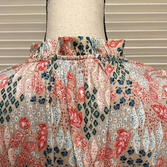 Loft Garden Cinched Sleeve Ruffle Tie Neck Mixed Media Top in Sandy Cove - Picture 11 of 16